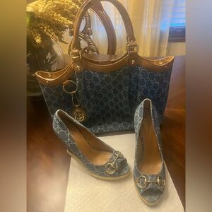 Gucci Denim Blue Tote and Peep Toe Wedges